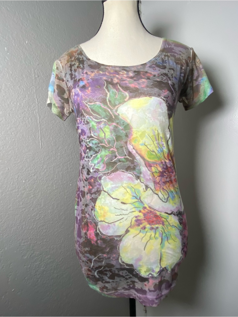 Y2K Purple Multicolor Hibiscus Floral Burnout T-shirt Size Small